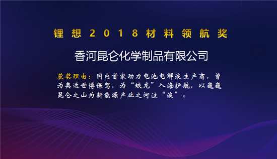 昆侖化學/當升科技/明冠新材榮獲“鋰想2018材料領航獎” 昆侖化學/當升科技/明冠新材榮獲“鋰想2018材料領航獎”
